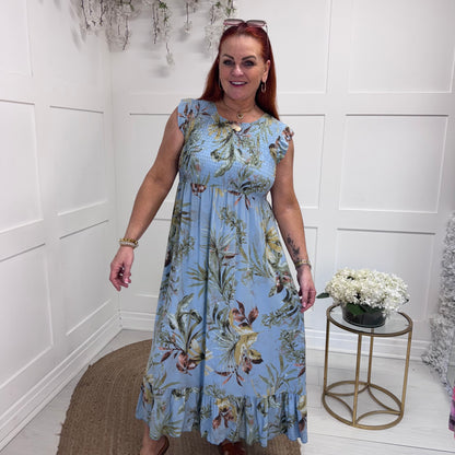 Sophia: Blue tropical print midi dress. One size 8-16/18