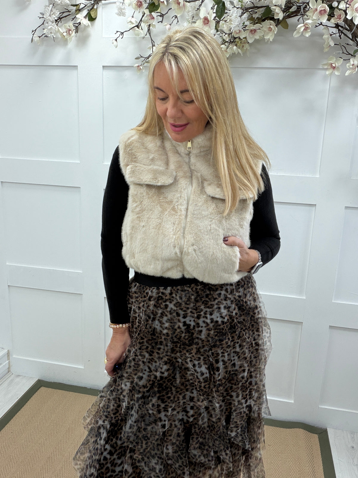 Georgie: Faux fur gilet with chest pockets. One size: 10-16. 2 colours