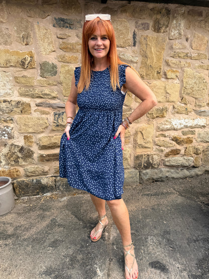 Fern: Spotty shirred short dress. One size 10-16. 4 colours