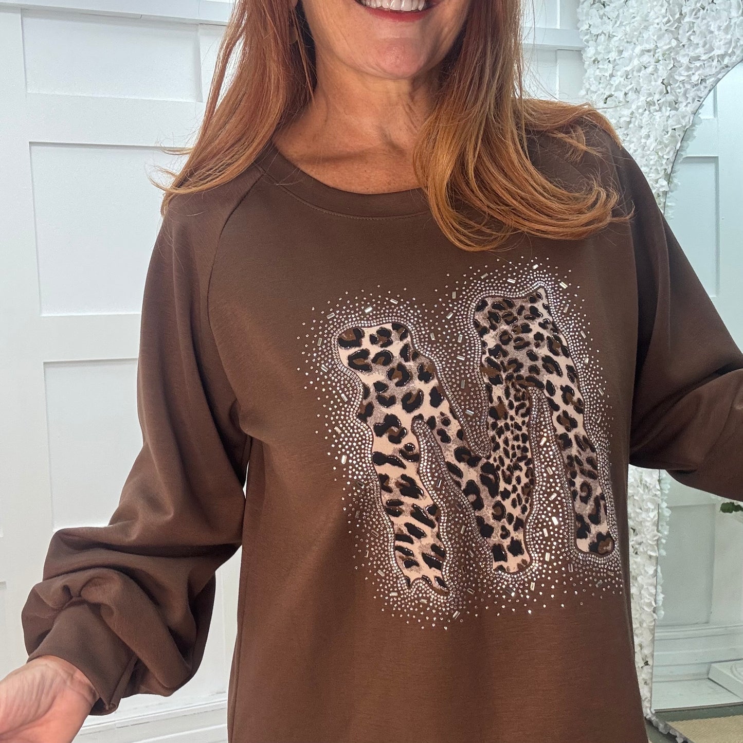 Louisa: Brown leopard print M logo sweatshirt. One size: 12-18