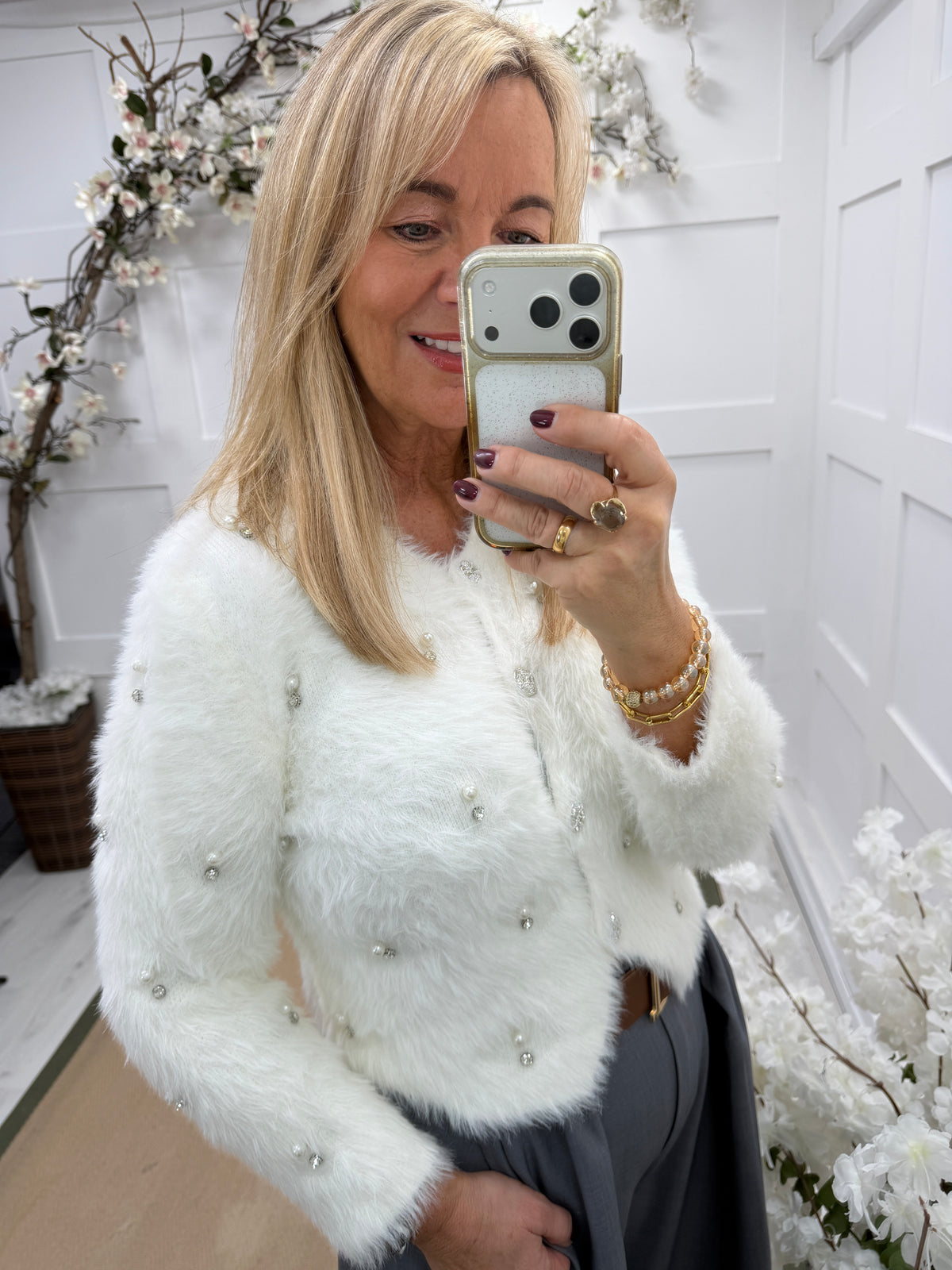 Celeste: Winter white pearl and rhinestone faux fur cardigan. One size: 10-14