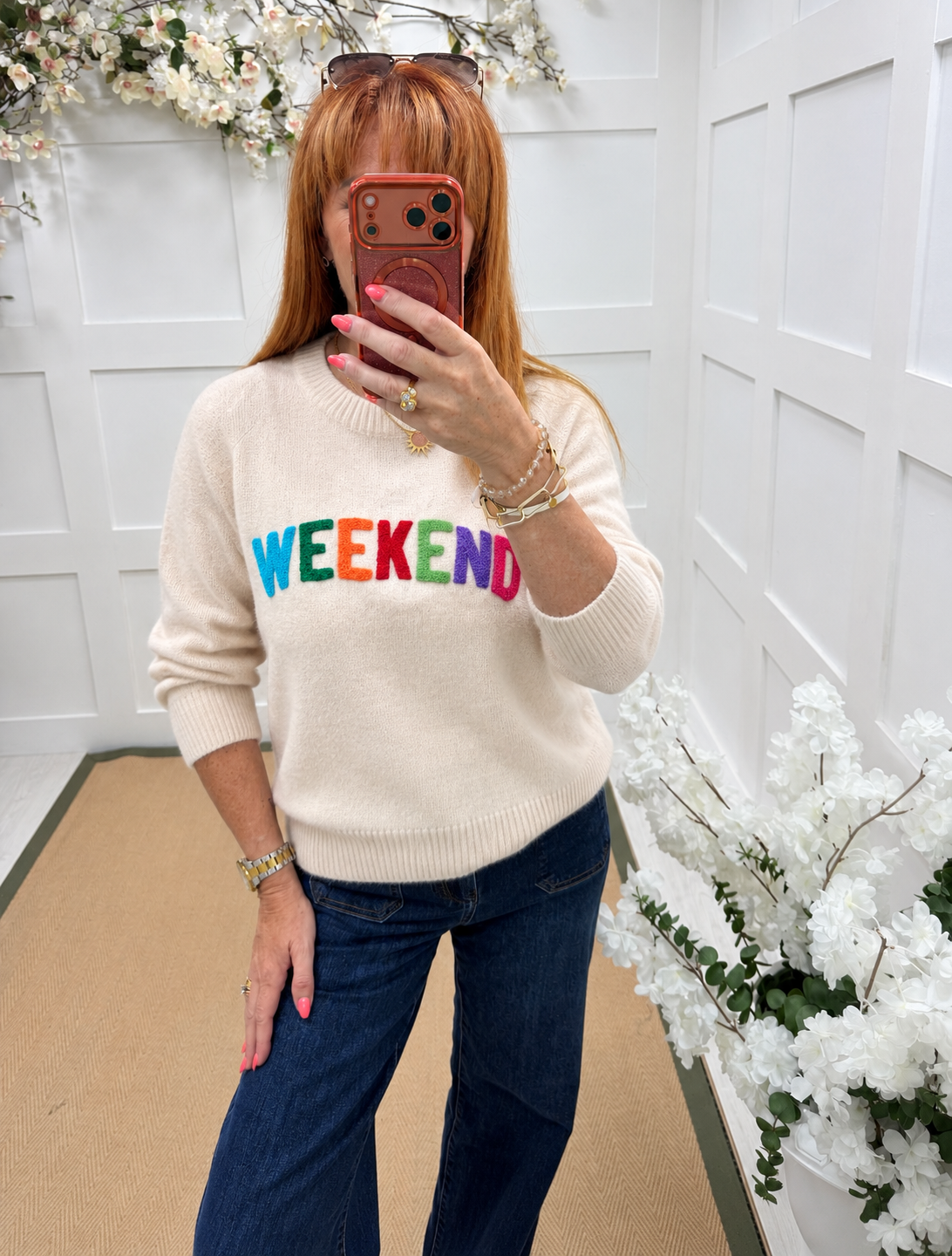 Winnie: Cream & multicoloured “Weekend” knit jumper. 2 sizes