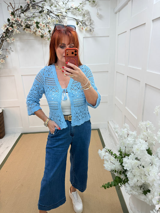 Rose: Short tie front crochet shrug. One size: 10-14. 2 colours
