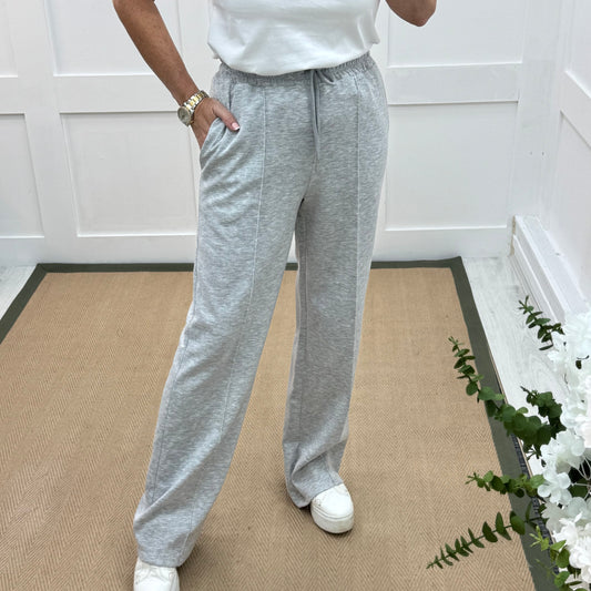 Trudy: Marle grey stretchy wide leg pocket trousers. 2 sizes