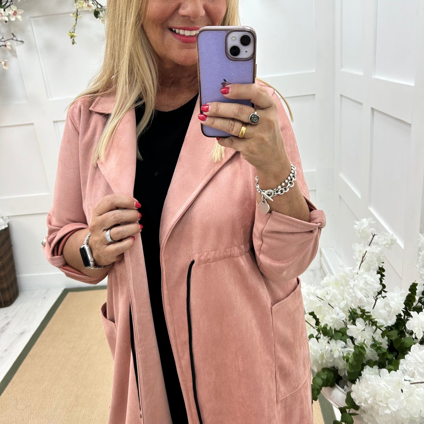 Marina: Pink long suedette trench coat. One size 12-18