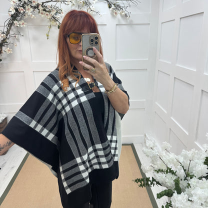 Karla: Black & white check wool  cape. Free size