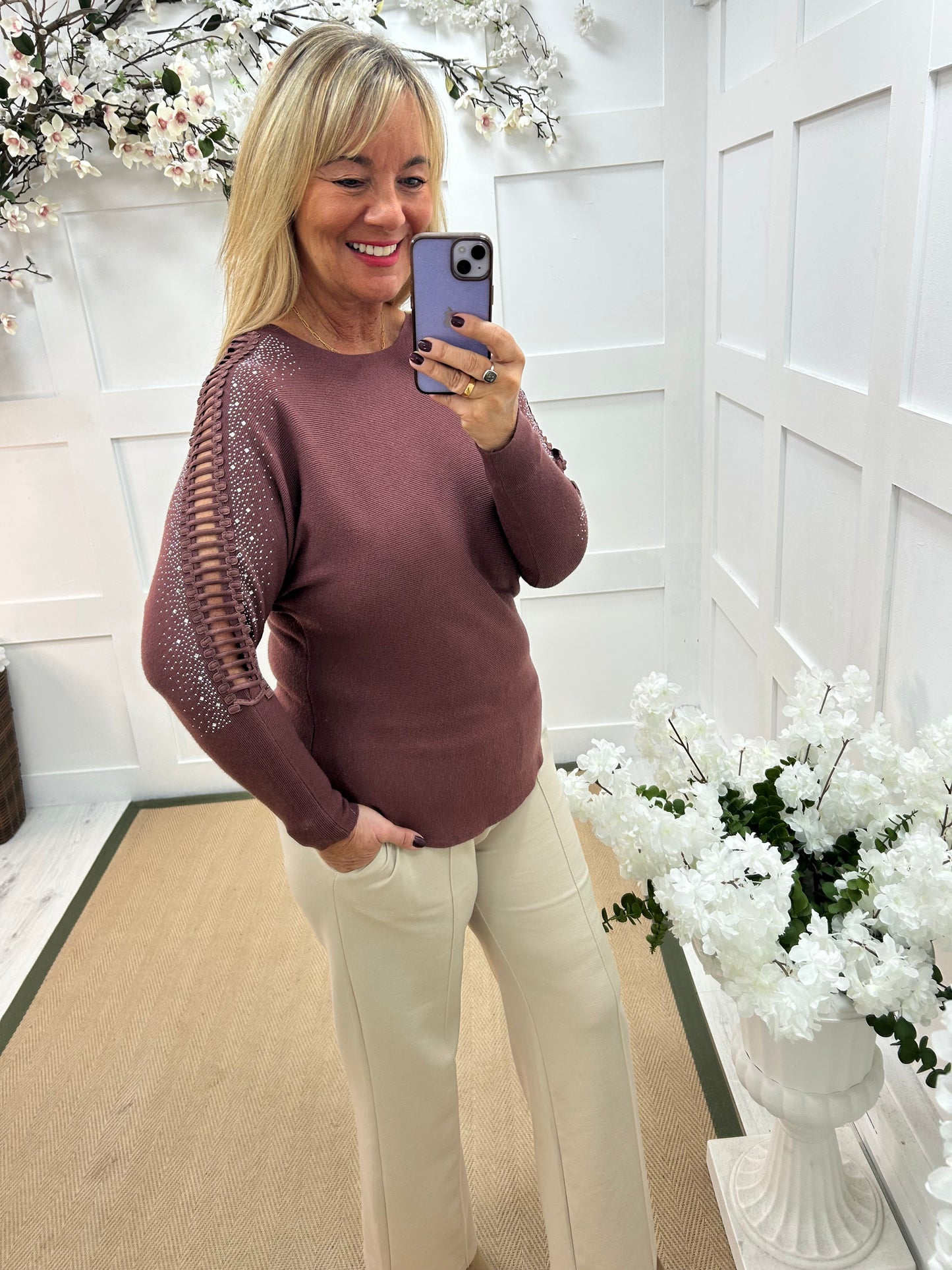 Arianne: Brown sparkle cutout shoulder top. One size: 12-16