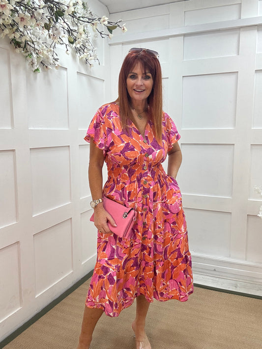 Pippa: Pink & orange stretchy V neck midi dress. One size: 10-18