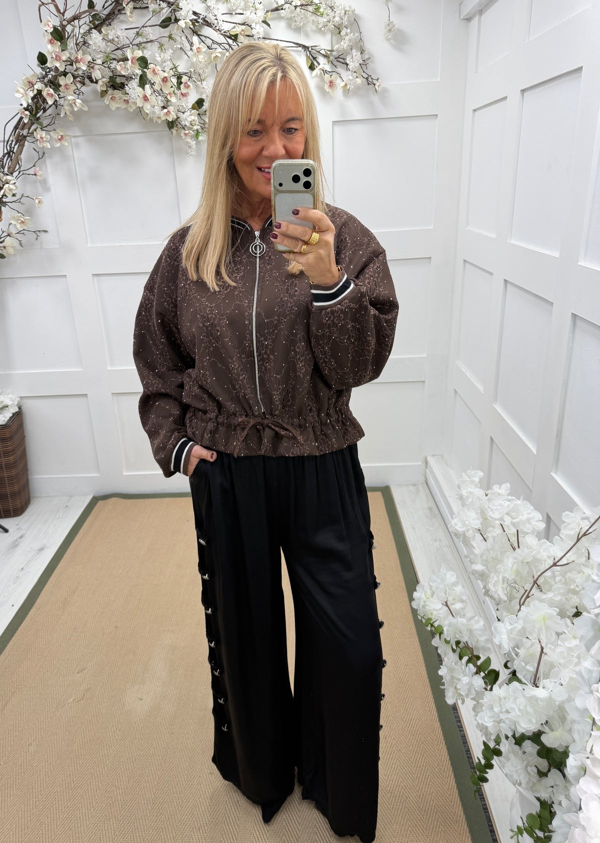 Betsy: Dark brown diamanté & lace bomber jacket. One size 14-20
