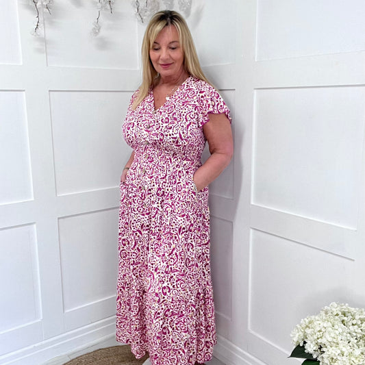 Charley: Hot pink V neck stretchy maxi dress. One size: 10-20