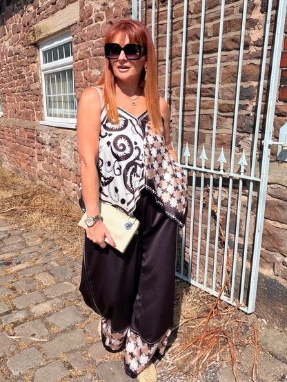 Sienna: Silky reversible printed top & wide leg trouser co-ord set. One Sz: 10-16. 4 colours