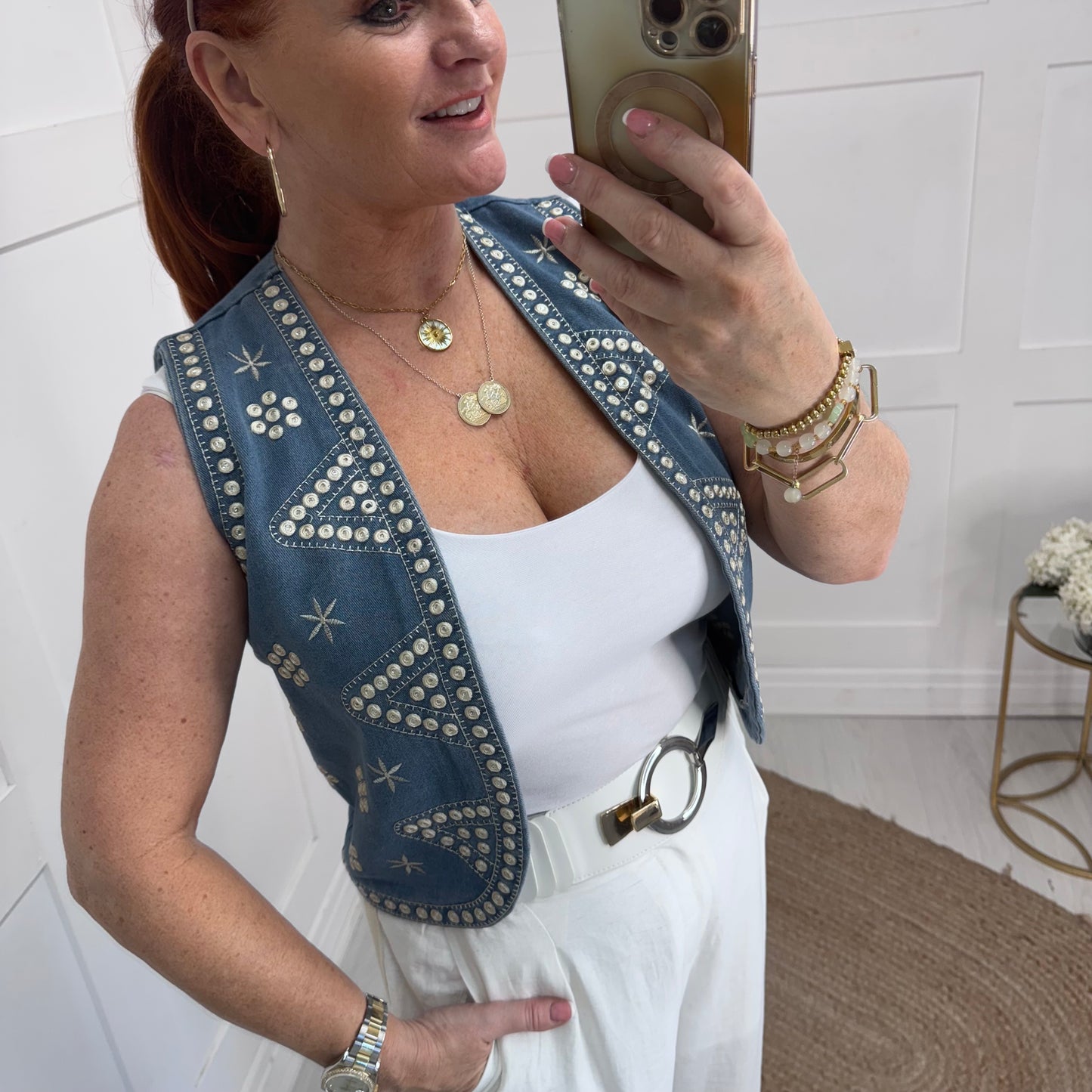 Zarah: Denim blue & Ivory rhinestone waistcoat. One size: 8-14