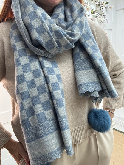Elsa: Blue & grey designer inspired pom pom scarf