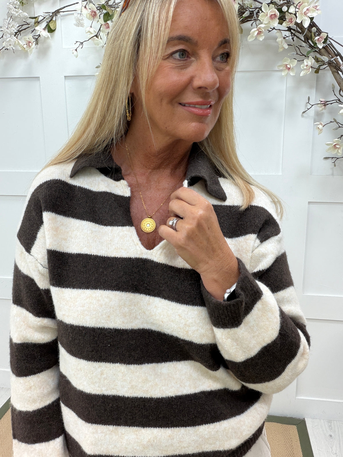 Solana: V neck collared long sleeve striped soft knit top. One size: 12-18. 2 colours