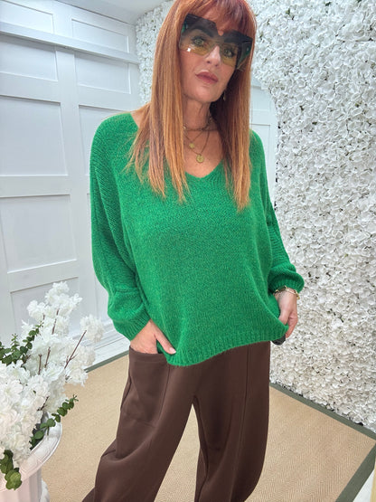Alex: Green V neck knitted top. One size 14-20