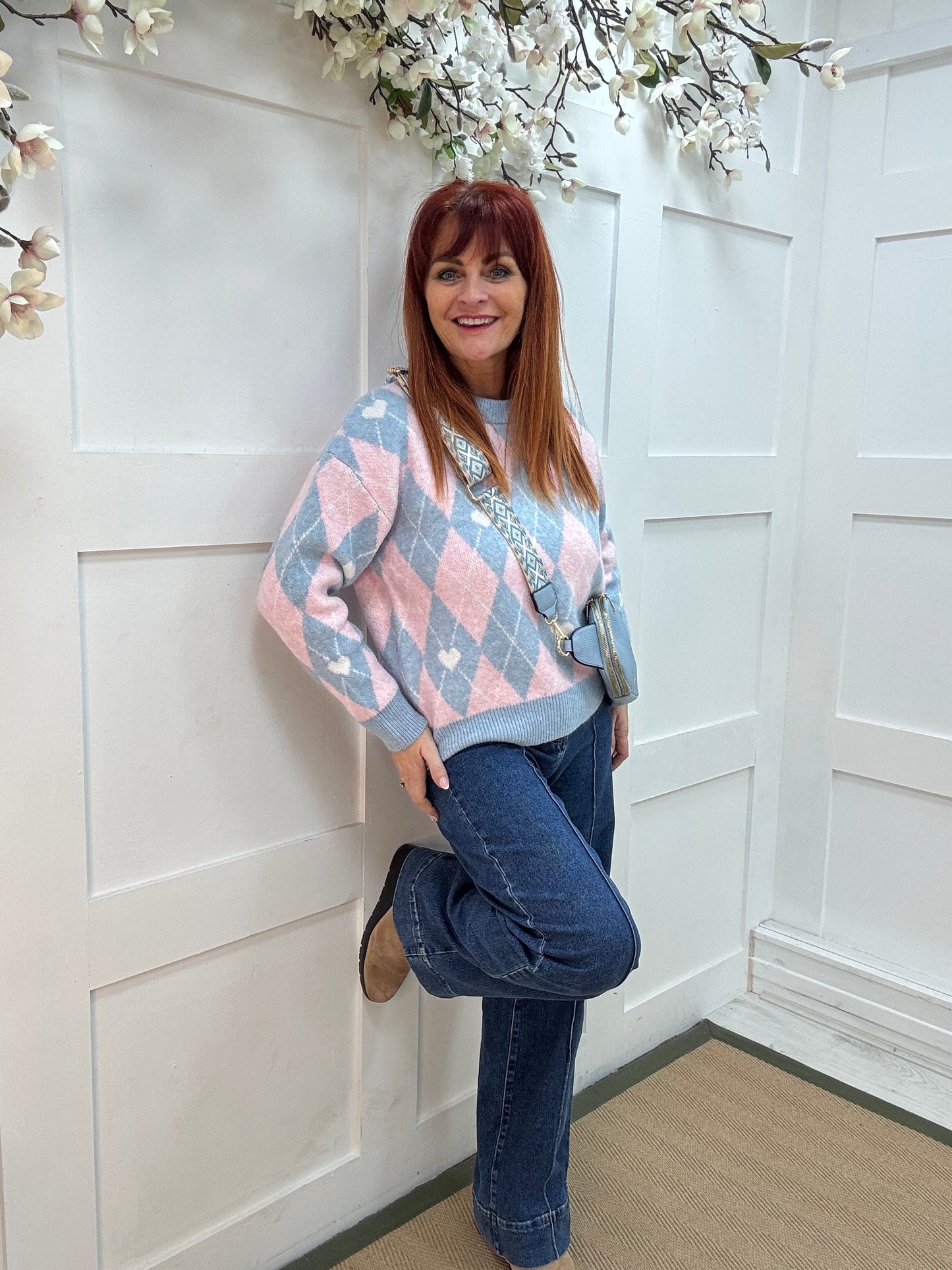 Allana: Baby blue & pink argyle knit top. One size: 10-18