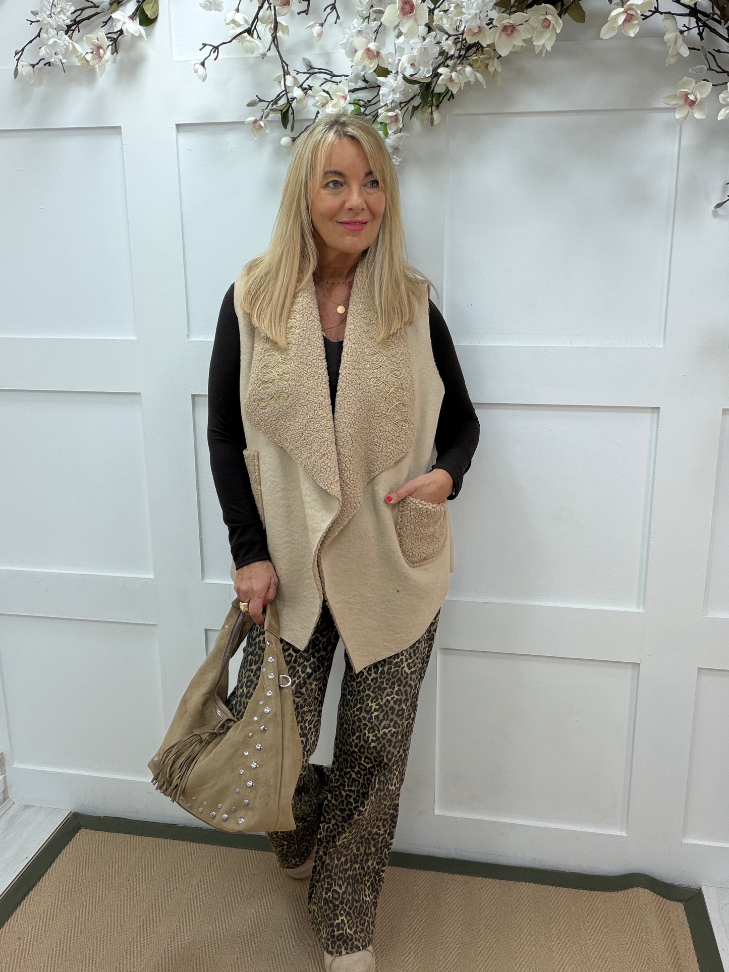 Wyatt: Beige boucle embroidered waistcoat. One size 14-20