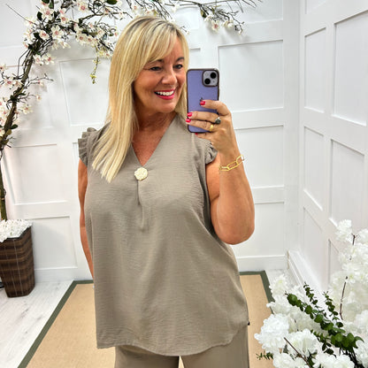 Drew: Mocha V neck button top. One size: 14-20