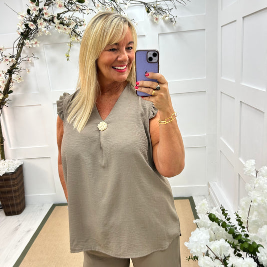 Drew: Mocha V neck button top. One size: 14-20