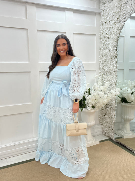 Belle: Baby blue cotton Broderie Anglaise maxi dress. 3 sizes