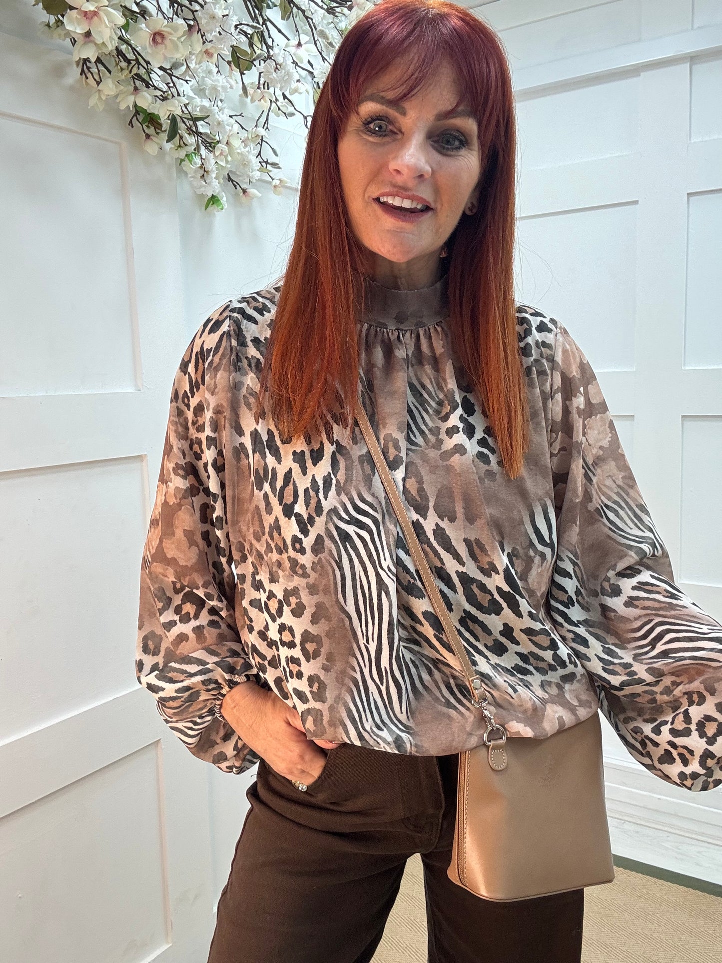 Lydia: Camel mixed animal print blouse. One size: 10-16