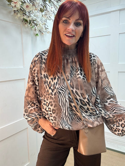 Lydia: Camel mixed animal print blouse. One size: 10-16