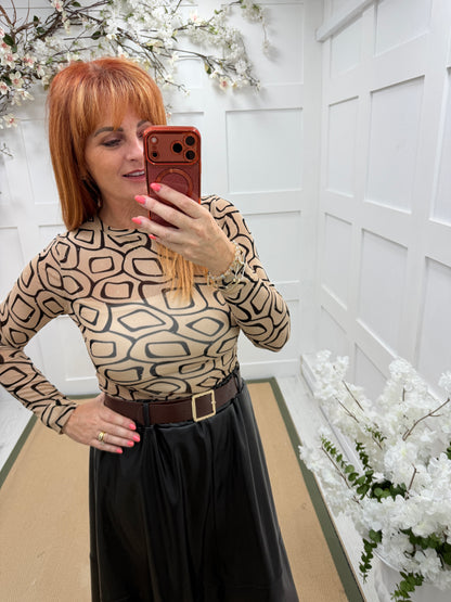 Raye: Camel & black geometric print diamante mesh bodysuit. 2 sizes