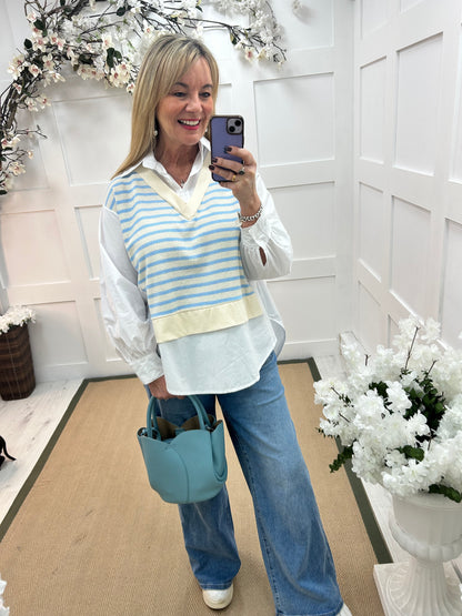 Miranda: Blue stripe tank top shirt. One Size: 14-18