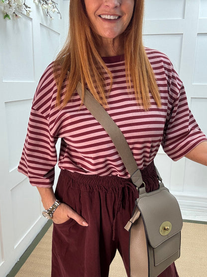 Sobia: Burgundy & pink striped cotton top. One size 12-18