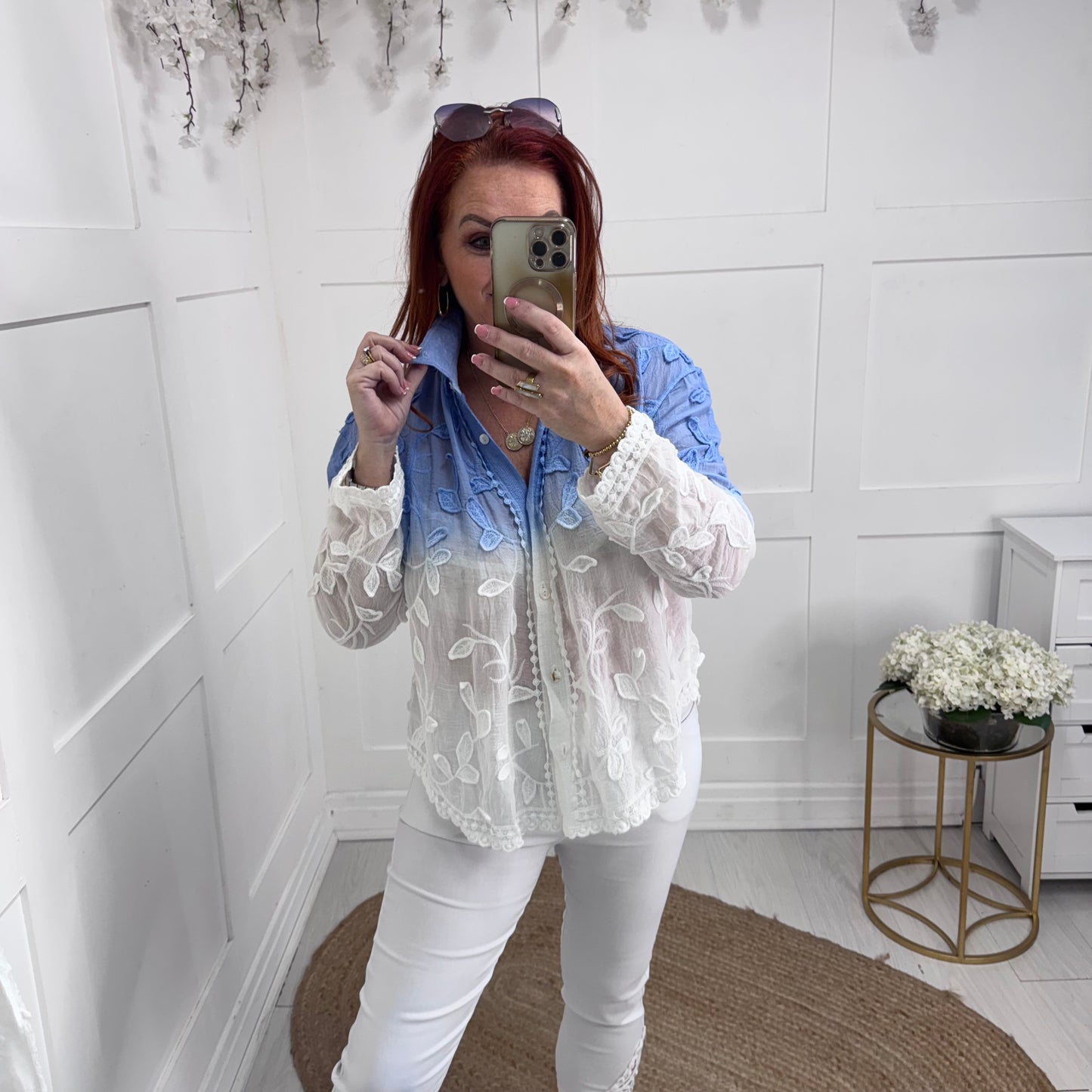 Jazz: Blue ombre embroidered leaf shirt. One size: 12-16