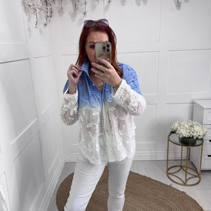 Jazz: Blue ombre embroidered leaf shirt. One size: 12-16