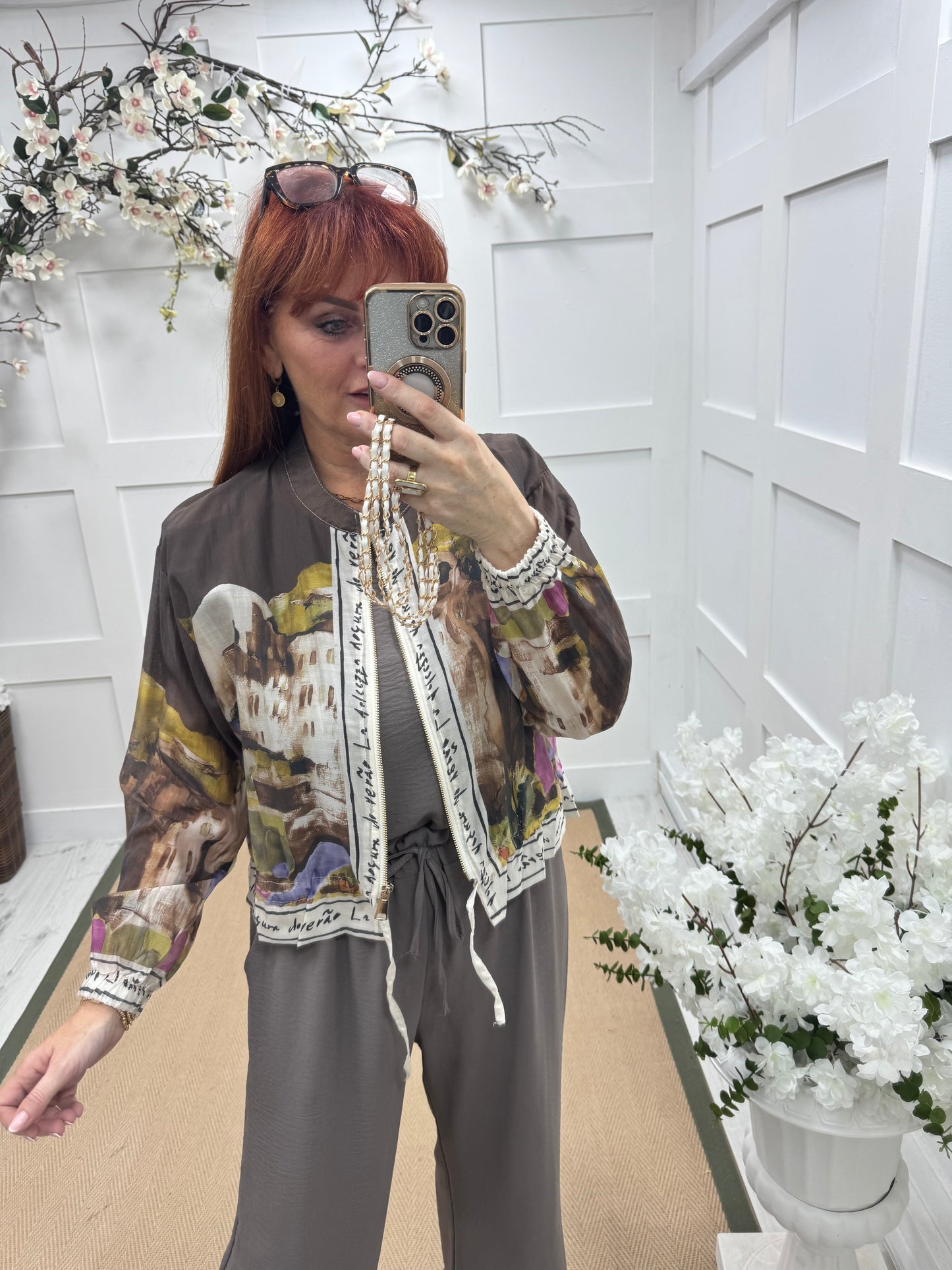 Steph: Silky brown Amalfi printed bomber jacket. One size: 8-18