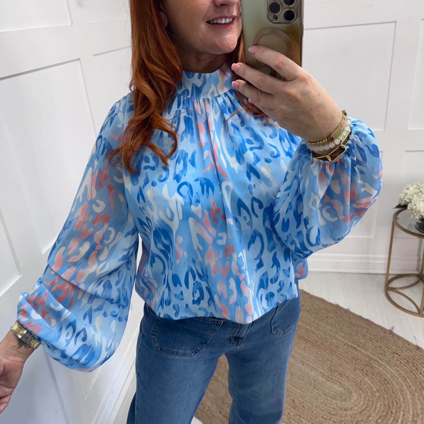Holly: Baby blue & pink leopard print top. One size: 12-18