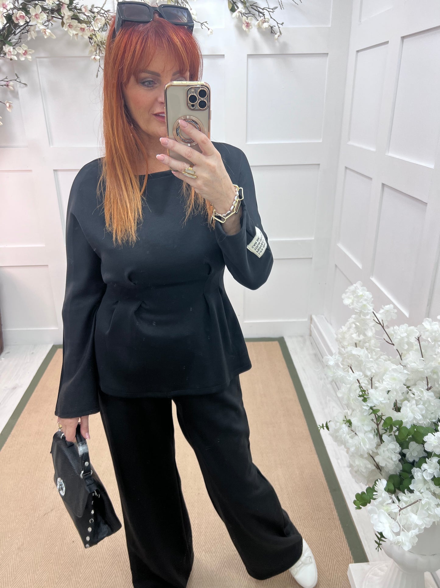 Pandora: Black 2 piece peplum loungewear set. One size: 10-14