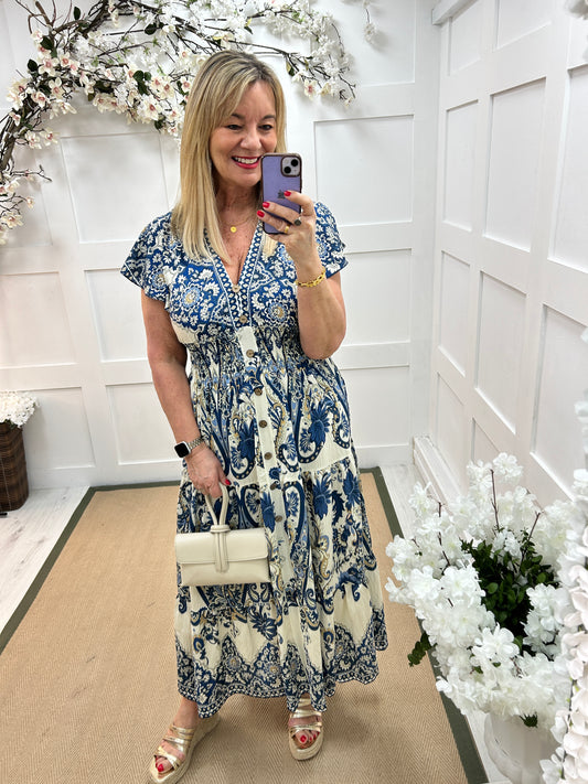 Millie: Stretchy blue paisley print maxi dress. One size 10-18