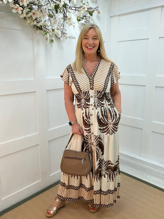 Pasha: Brown palm tree print V neck stretchy maxi dress. One size: 10-18