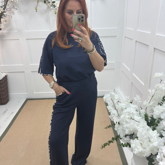 Malka: Navy leopard print stripe loungewear set. One size: 12-18