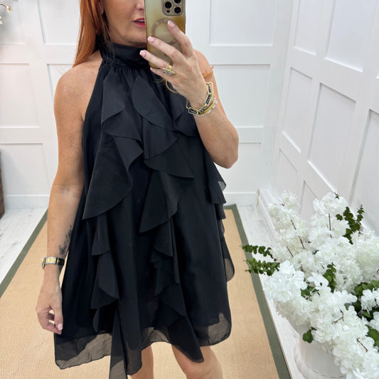 Kiki: Black ruffle knee length dress. One size 10-16