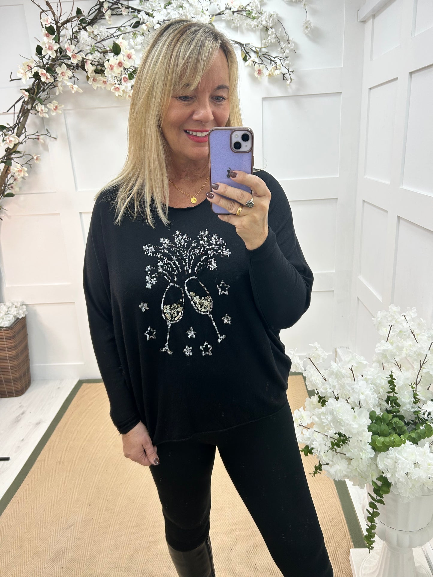 Cynthia: Black and gold wine glass sequin top. One size: 14-18