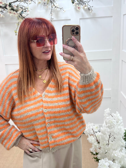 Rowan: Orange stripe V neck cardigan. One size: 12-18