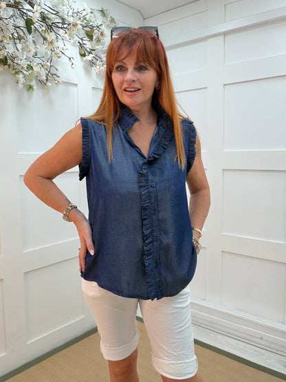 Darla: Dark blue sleeveless ruffle shirt top. 2 sizes