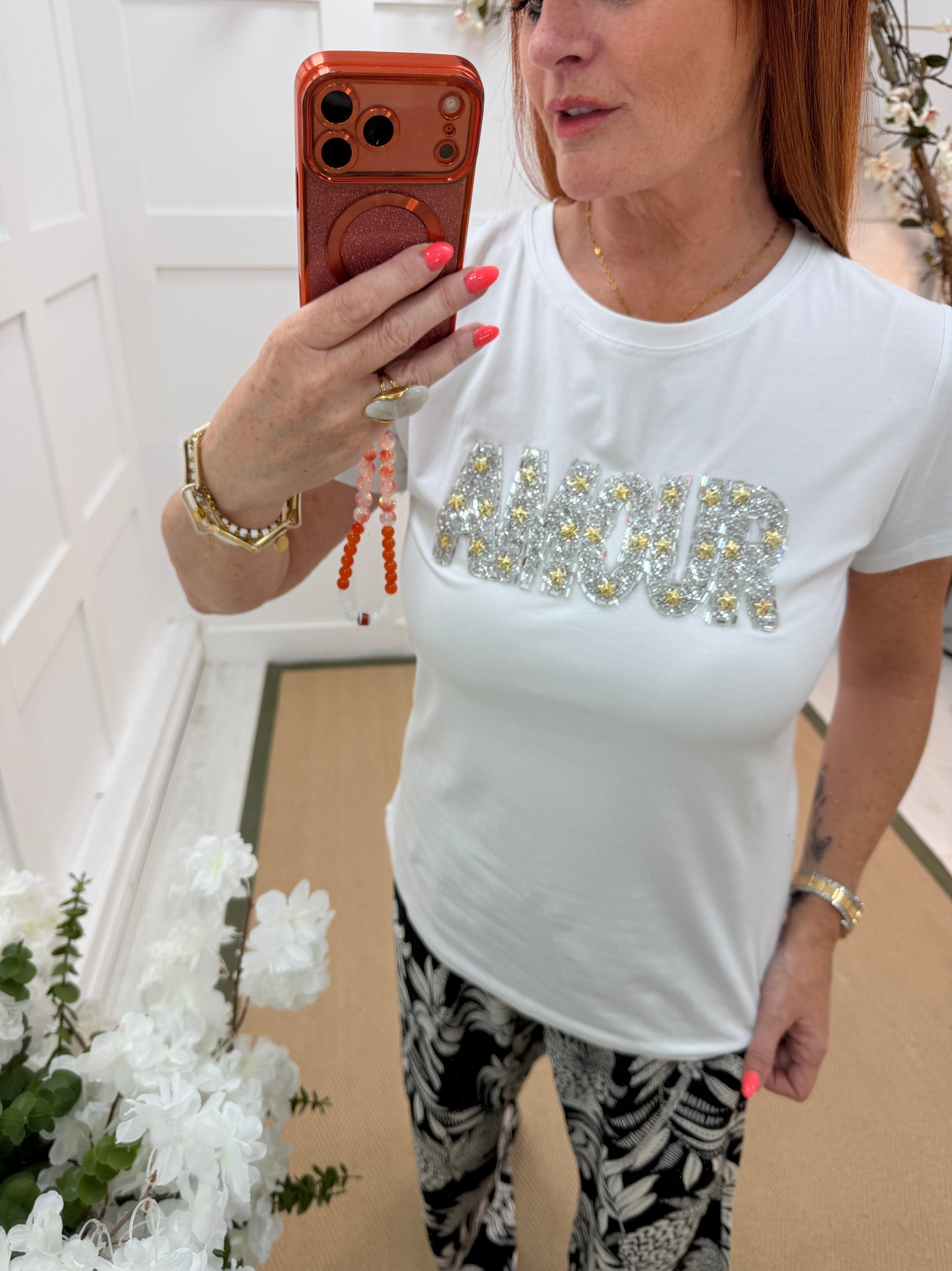 Amy: Diamanté “AMOUR” slogan T shirt. 2 sizes