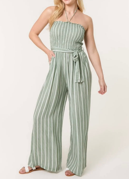 Kendal: Khaki pinstripe wide leg jumpsuit. 3 sizes: 8-16