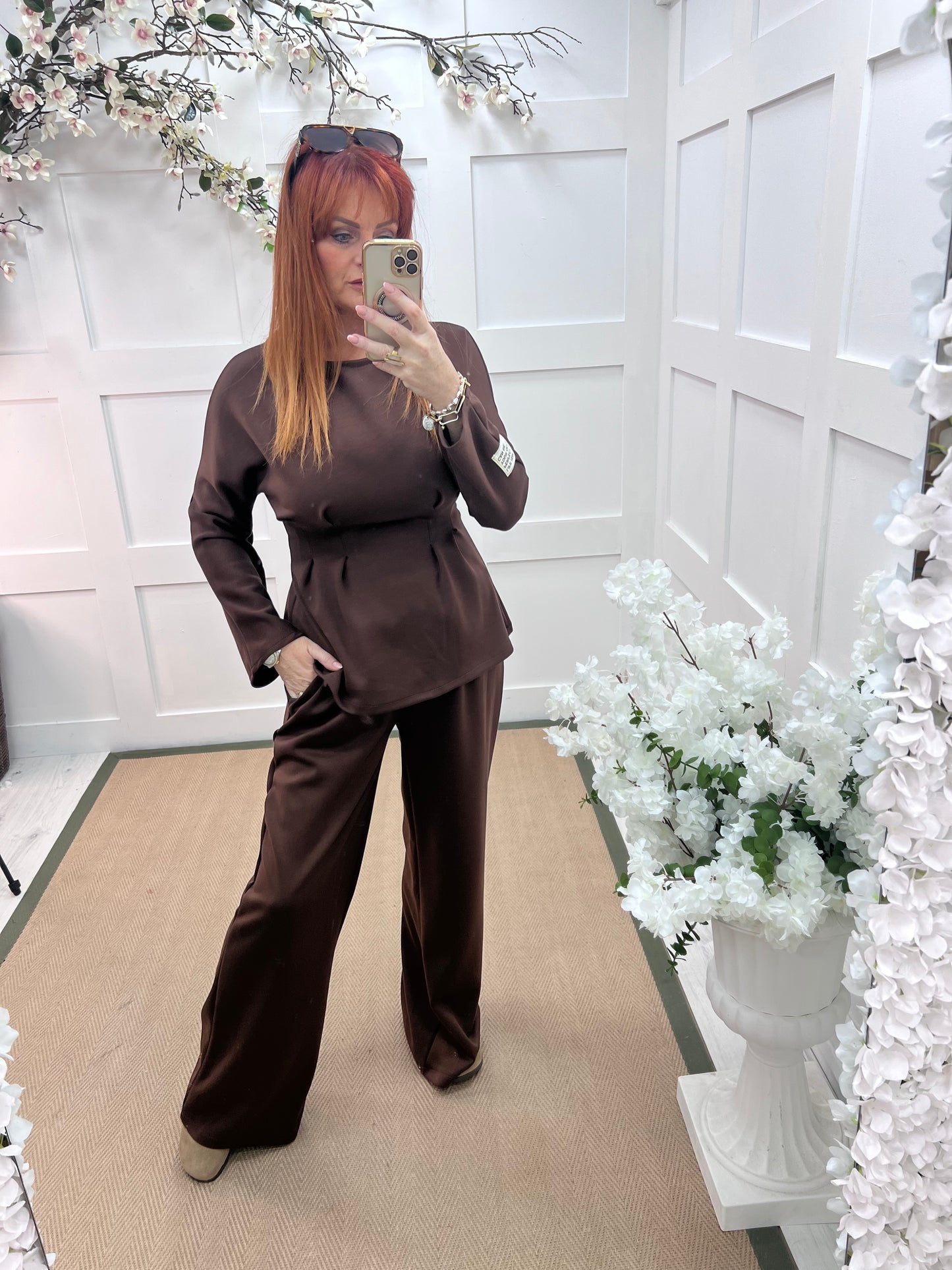 Pandora: Brown 2 piece peplum loungewear set. One size: 10-14