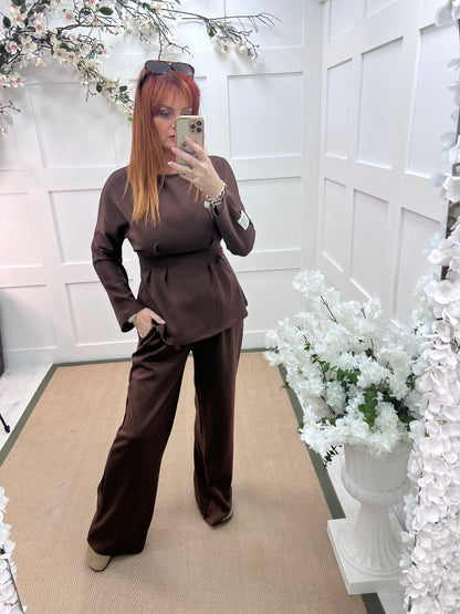 Pandora: Brown 2 piece peplum loungewear set. One size: 10-14