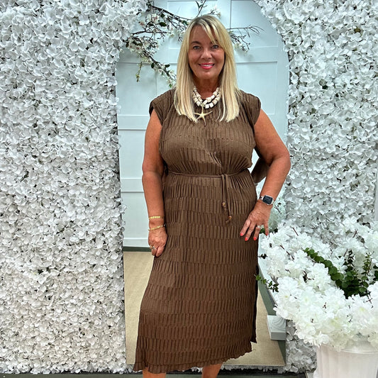 Serena: Brown waffle belted midi dress. One size 14-20
