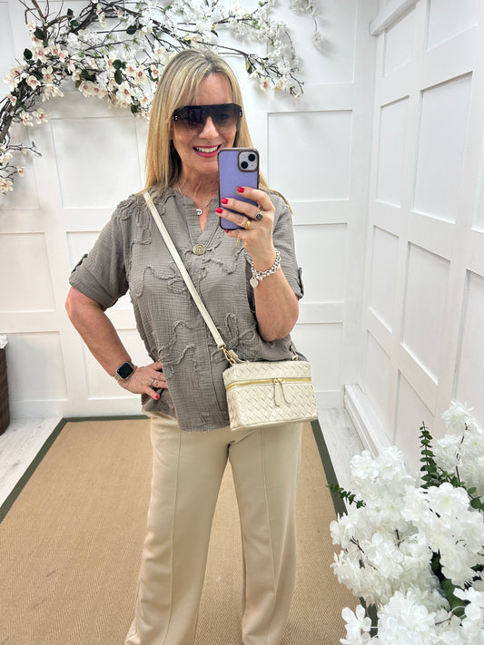 Eden: Mocha cotton floral embroidered top. One size: 12-18