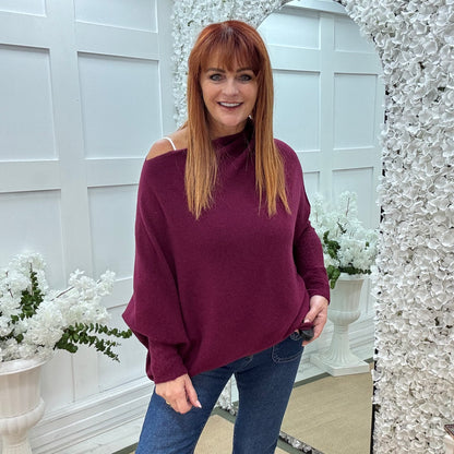 Erica: Burgundy asymmetrical slouch soft knit top. One size 10-18