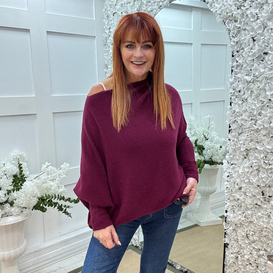 Erica: Burgundy asymmetrical slouch soft knit top. One size 10-18