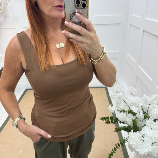 Abigail: Stretchy coffee brown vest top. 2 sizes